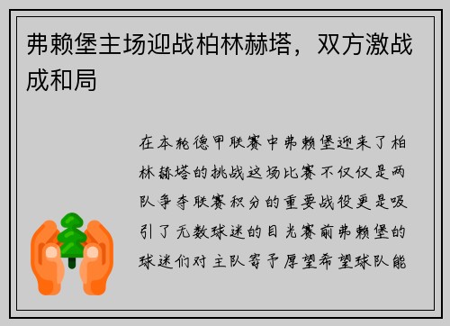 弗赖堡主场迎战柏林赫塔，双方激战成和局