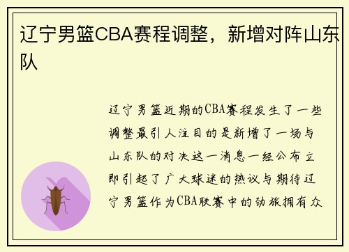 辽宁男篮CBA赛程调整，新增对阵山东队